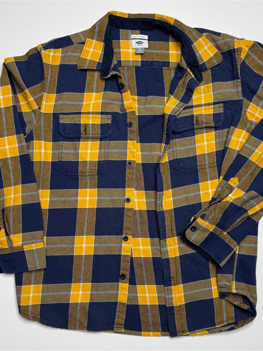 Old Navy Flannel Navy & Yellow Plaid Button-Down Shirt
